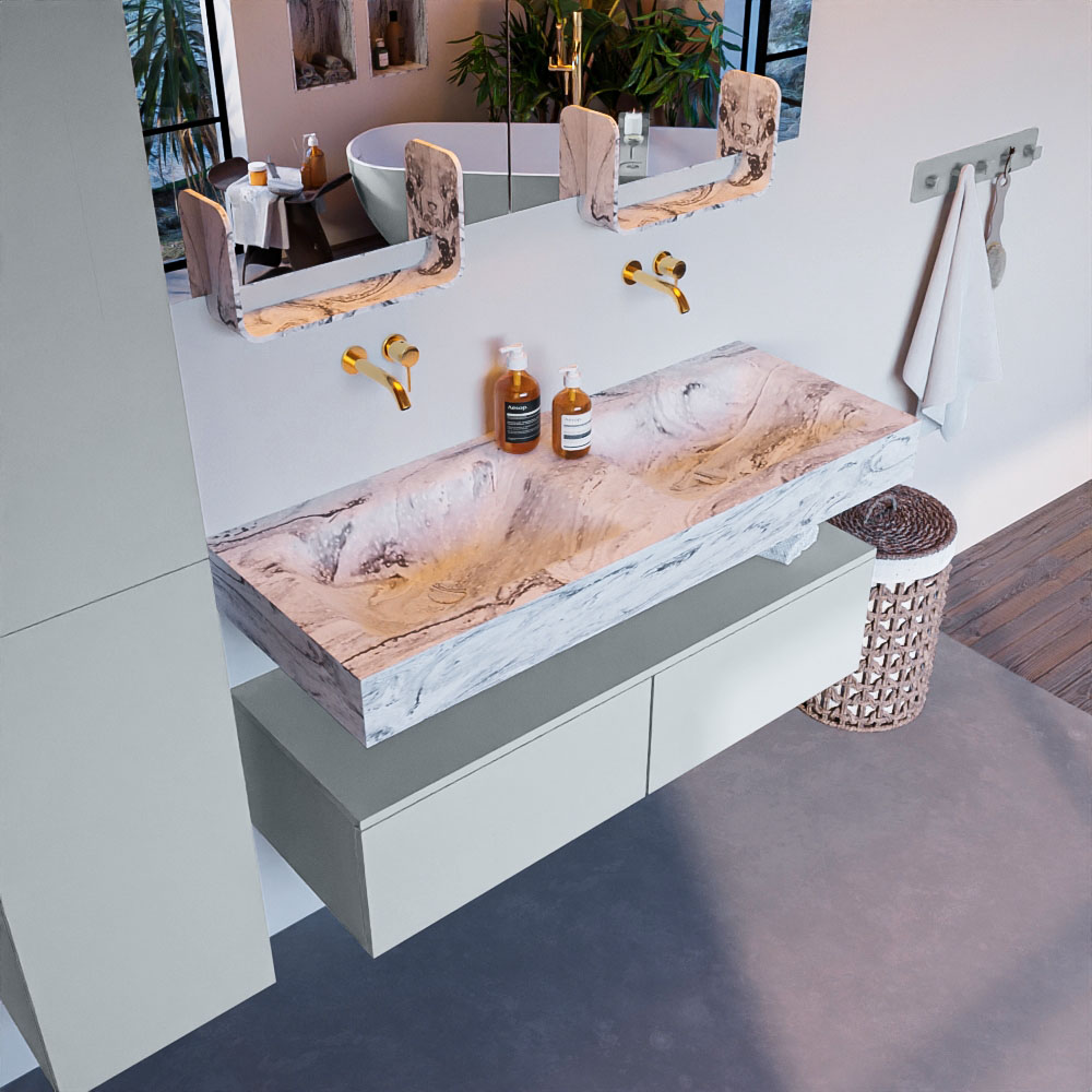 MONDIAZ ALAN-DLUX 120cm mueble de baño Clay 2 cajones. Lavabo CLOUD Doble sin orificios color Glace. 1 MONDIAZ ALAN-DLUX 120cm mueble de baño Clay 2 cajones. Lavabo CLOUD Doble sin orificios color Glace.