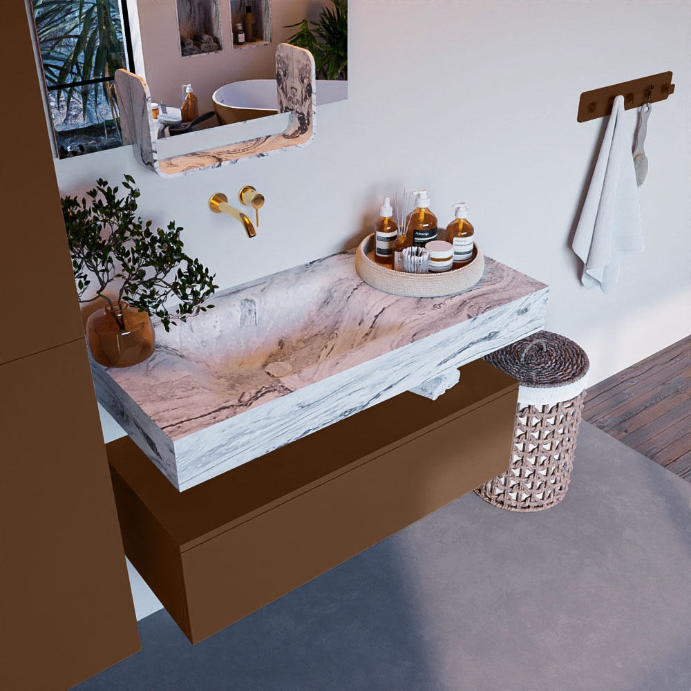 MONDIAZ ALAN-DLUX 100cm mueble de baño Rust 1 cajón. Lavabo CLOUD Izquierda sin orificios color Glace. 1 MONDIAZ ALAN-DLUX 100cm mueble de baño Rust 1 cajón. Lavabo CLOUD Izquierda sin orificios color Glace.