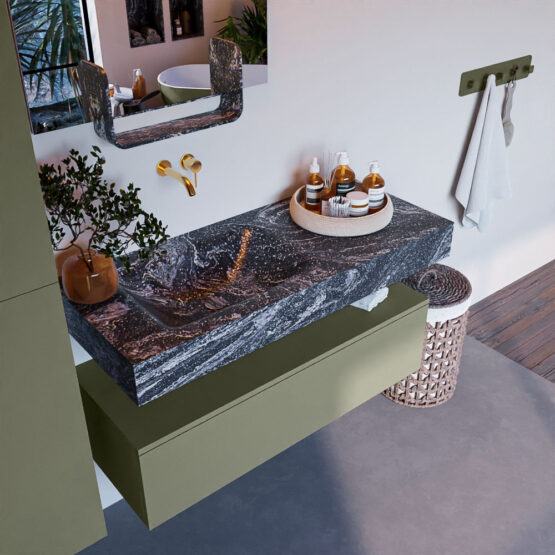 MONDIAZ ALAN-DLUX 110cm mueble de baño Army 1 cajón. Lavabo CLOUD Izquierda sin orificios color Lava.