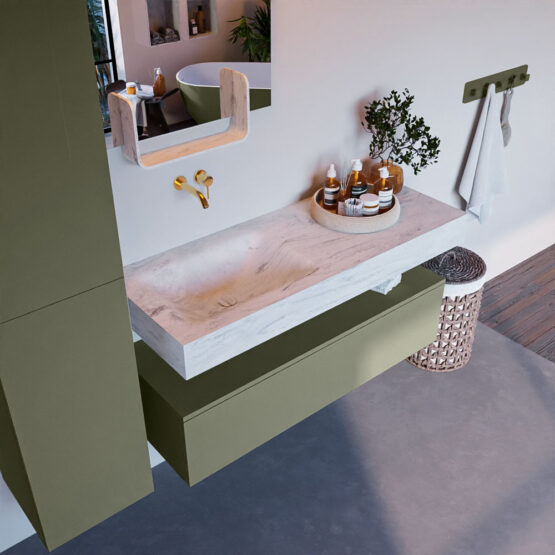 MONDIAZ ALAN-DLUX 120cm mueble de baño Army 1 cajón. Lavabo CLOUD Izquierda sin orificios color Opalo.