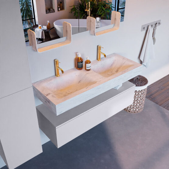 MONDIAZ ALAN-DLUX 120cm mueble de baño Cale 1 cajón. Lavabo CLOUD Doble 2 orificios color Opalo.