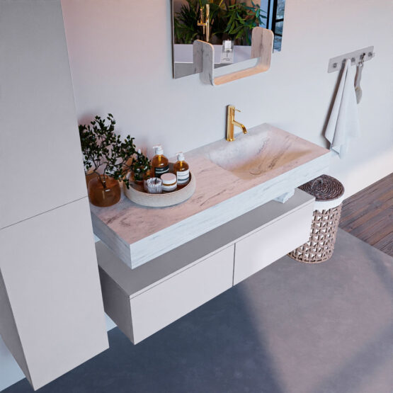 MONDIAZ ALAN-DLUX 120cm mueble de baño Cale 2 cajones. Lavabo CLOUD Derecho 1 orificio color Opalo.