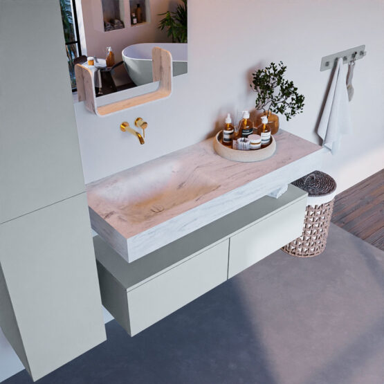 MONDIAZ ALAN-DLUX 120cm mueble de baño Clay 2 cajones. Lavabo CLOUD Izquierda sin orificios color Opalo.