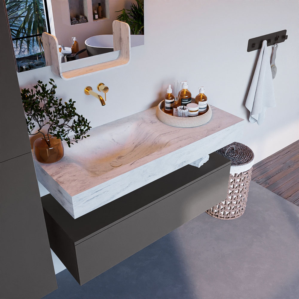 MONDIAZ ALAN-DLUX 110cm mueble de baño Dark Grey 1 cajón. Lavabo CLOUD Izquierda sin orificios color Opalo. 1 MONDIAZ ALAN-DLUX 110cm mueble de baño Dark Grey 1 cajón. Lavabo CLOUD Izquierda sin orificios color Opalo.