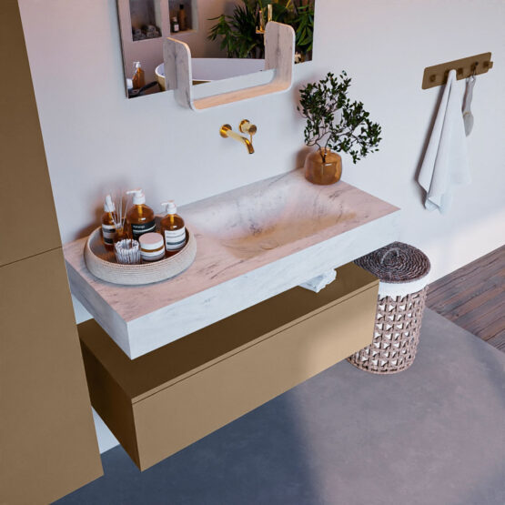 MONDIAZ ALAN-DLUX 100cm mueble de baño Oro 1 cajón. Lavabo CLOUD Derecho sin orificios color Opalo.