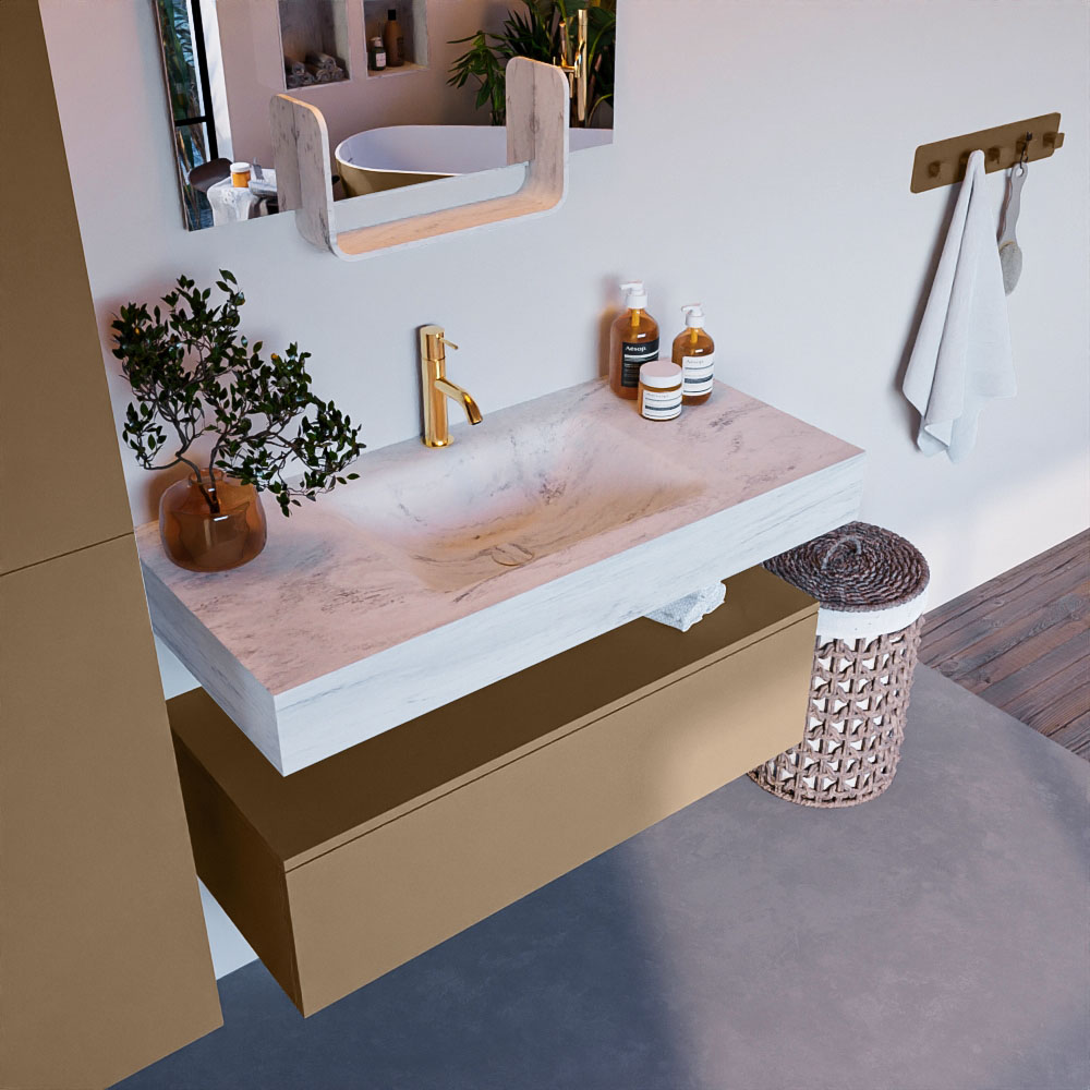 MONDIAZ ALAN-DLUX 100cm mueble de baño Oro 1 cajón. Lavabo CLOUD Centro 1 orificio color Opalo. 2 MONDIAZ ALAN-DLUX 100cm mueble de baño Oro 1 cajón. Lavabo CLOUD Centro 1 orificio color Opalo.