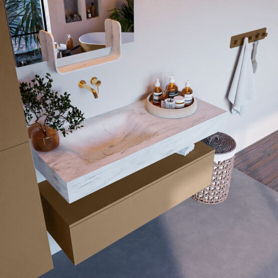 MONDIAZ ALAN-DLUX 110cm mueble de baño Oro 1 cajón. Lavabo CLOUD Izquierda sin orificios color Opalo.