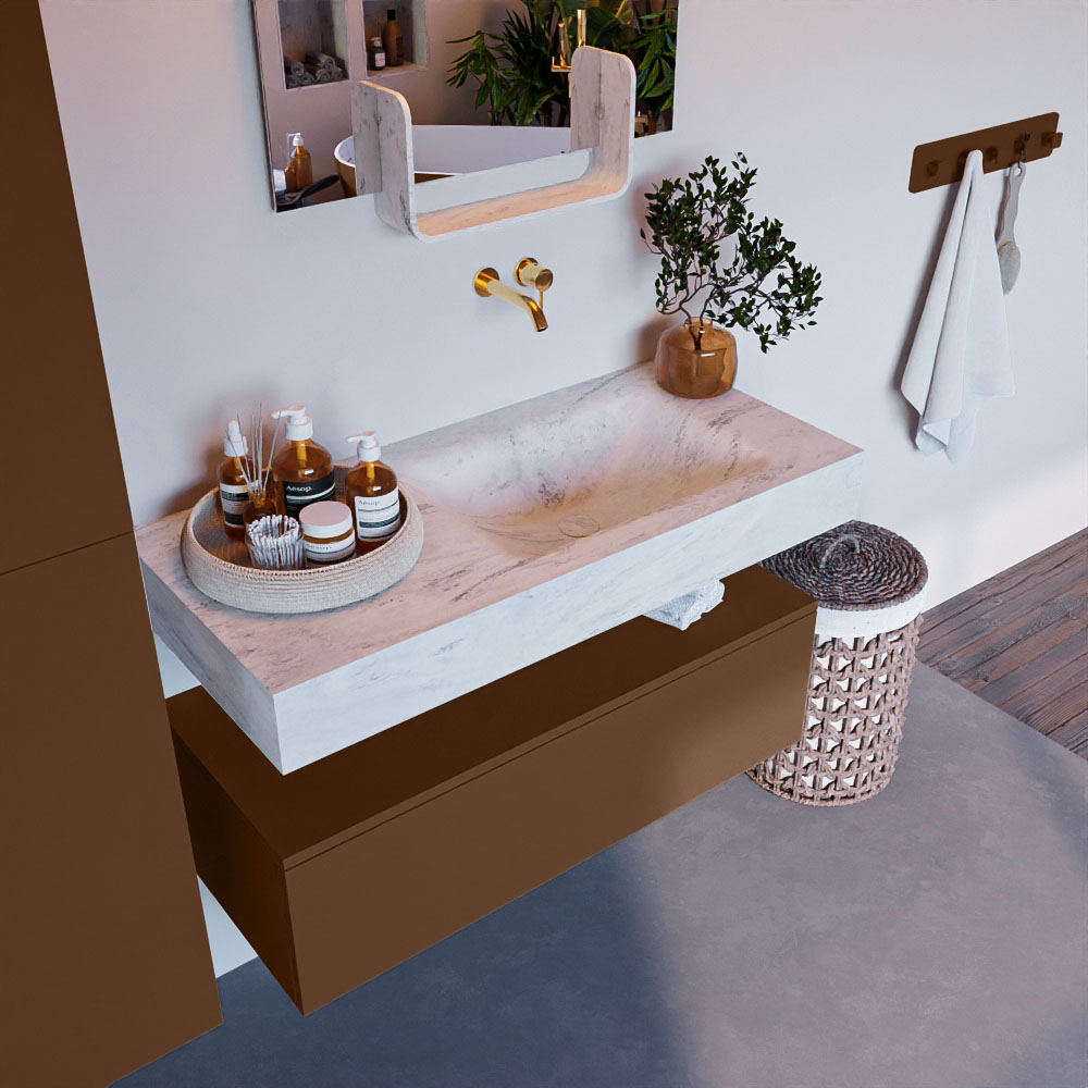 MONDIAZ ALAN-DLUX 100cm mueble de baño Rust 1 cajón. Lavabo CLOUD Derecho sin orificios color Opalo. 1 MONDIAZ ALAN-DLUX 100cm mueble de baño Rust 1 cajón. Lavabo CLOUD Derecho sin orificios color Opalo.
