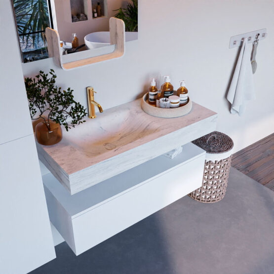 MONDIAZ ALAN-DLUX 100cm mueble de baño Talc 1 cajón. Lavabo CLOUD Izquierda 1 orificio color Opalo.