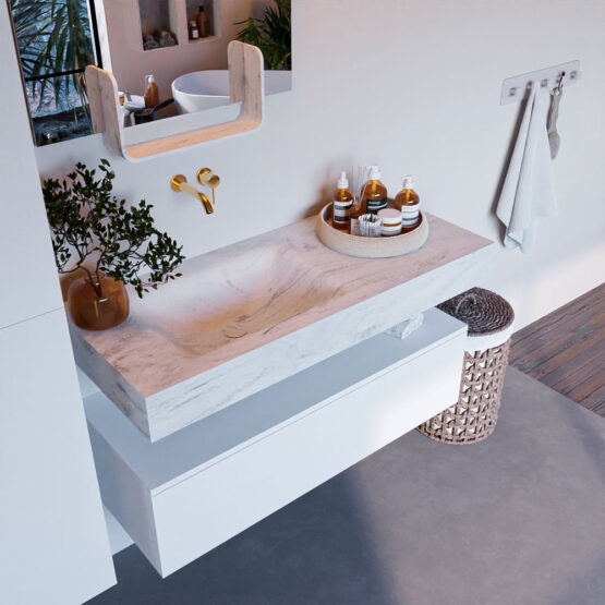 MONDIAZ ALAN-DLUX 110cm mueble de baño Talc 1 cajón. Lavabo CLOUD Izquierda sin orificios color Opalo.