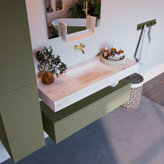 MONDIAZ ALAN-DLUX 120cm mueble de baño Army 1 cajón. Lavabo CLOUD Centro sin orificios color Ostra.