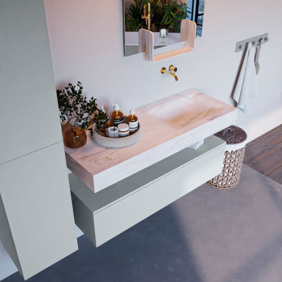 MONDIAZ ALAN-DLUX 120cm mueble de baño Clay 1 cajón. Lavabo CLOUD Derecho sin orificios color Ostra.