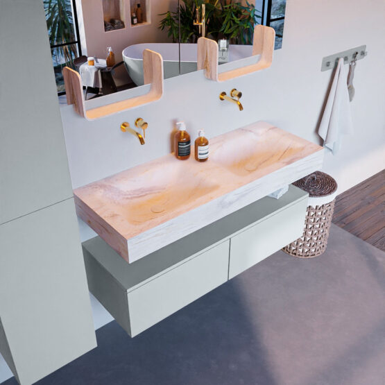 MONDIAZ ALAN-DLUX 120cm mueble de baño Clay 2 cajones. Lavabo CLOUD Doble sin orificios color Ostra.