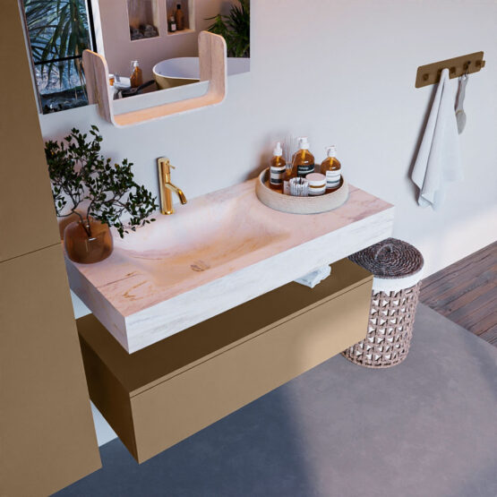 MONDIAZ ALAN-DLUX 100cm mueble de baño Oro 1 cajón. Lavabo CLOUD Izquierda 1 orificio color Ostra.