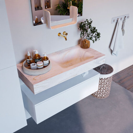 MONDIAZ ALAN-DLUX 100cm mueble de baño Talc 1 cajón. Lavabo CLOUD Derecho sin orificios color Ostra.