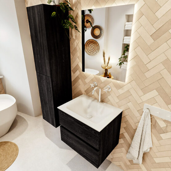 MONDIAZ VICA 60cm mueble de baño Antracite 2 cajones. Lavabo CLOUD Centro 1 orificio color Talc con espejo LED.