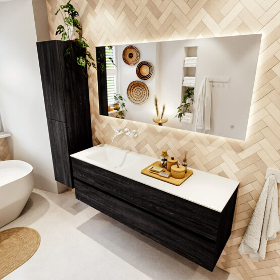 MONDIAZ VICA 150cm mueble de baño Antracite 2 cajones. Lavabo CLOUD Izquierda sin orificio color Talc con espejo LED.