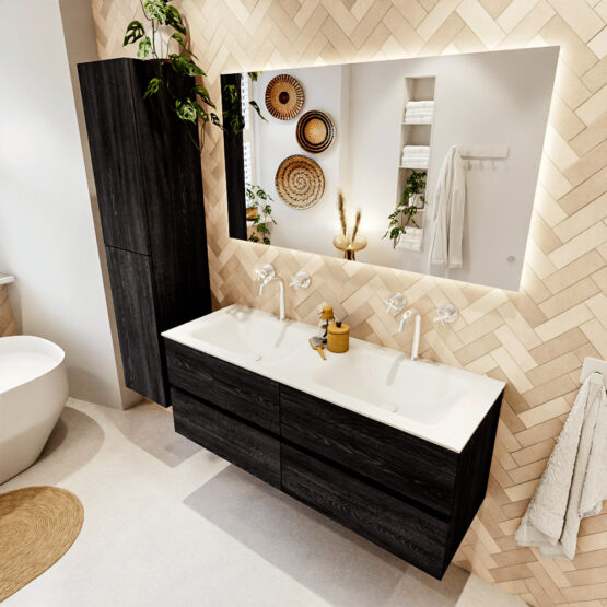 MONDIAZ VICA 130cm mueble de baño Antracite 4 cajones. Lavabo CLOUD Doble 2 orificios color Talc con espejo LED.