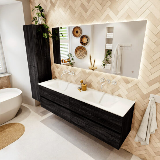 MONDIAZ VICA 170cm mueble de baño Antracite 4 cajones. Lavabo CLOUD Doble sin orificio color Talc con espejo LED.