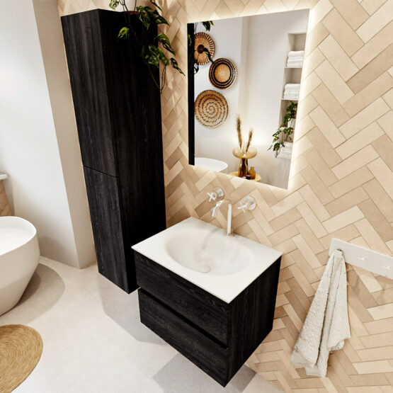 MONDIAZ VICA 60cm mueble de baño Antracite 2 cajones. Lavabo MOON Centro 1 orificio color Talc con espejo LED.