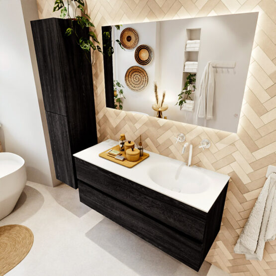 MONDIAZ VICA 120cm mueble de baño Antracite 2 cajones. Lavabo MOON Derecho 1 orificio color Talc con espejo LED.