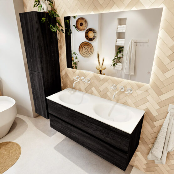 MONDIAZ VICA 120cm mueble de baño Antracite 2 cajones. Lavabo MOON Doble sin orificio color Talc con espejo LED.