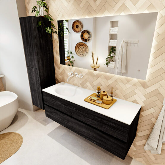MONDIAZ VICA 140cm mueble de baño Antracite 2 cajones. Lavabo MOON Izquierda sin orificio color Talc con espejo LED.