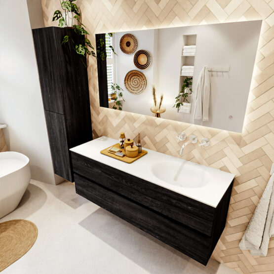 MONDIAZ VICA 140cm mueble de baño Antracite 2 cajones. Lavabo MOON Derecho sin orificio color Talc con espejo LED.