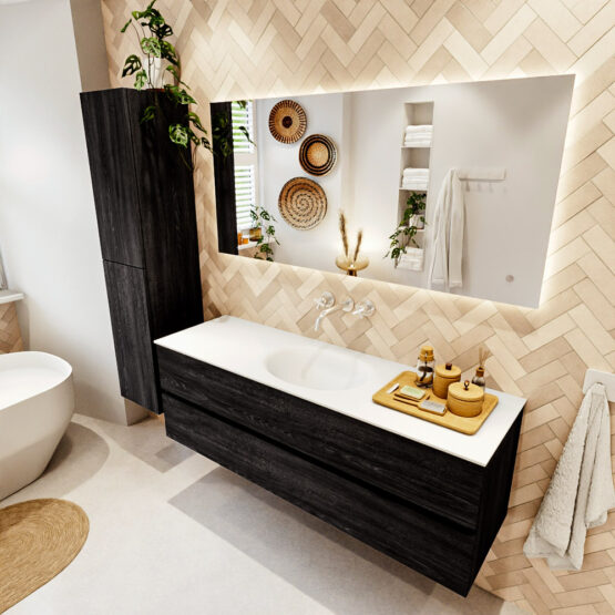 MONDIAZ VICA 150cm mueble de baño Antracite 2 cajones. Lavabo MOON Centro sin orificio color Talc con espejo LED.
