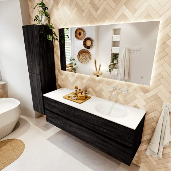 MONDIAZ VICA 150cm mueble de baño Antracite 2 cajones. Lavabo MOON Derecho sin orificio color Talc con espejo LED.