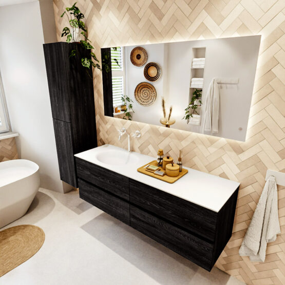 MONDIAZ VICA 150cm mueble de baño Antracite 4 cajones. Lavabo MOON Izquierda 1 orificio color Talc con espejo LED.