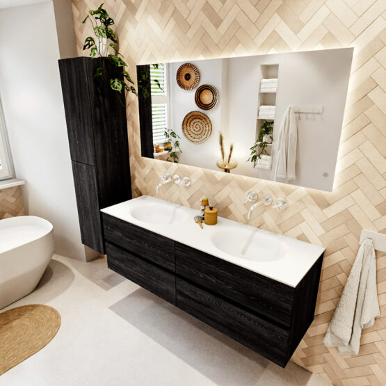 MONDIAZ VICA 150cm mueble de baño Antracite 4 cajones. Lavabo MOON Doble sin orificio color Talc con espejo LED.