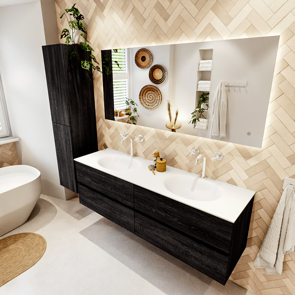 MONDIAZ VICA 160cm mueble de baño Antracite 4 cajones. Lavabo MOON Doble 2 orificios color Talc con espejo LED. 1 MONDIAZ VICA 160cm mueble de baño Antracite 4 cajones. Lavabo MOON Doble 2 orificios color Talc con espejo LED.