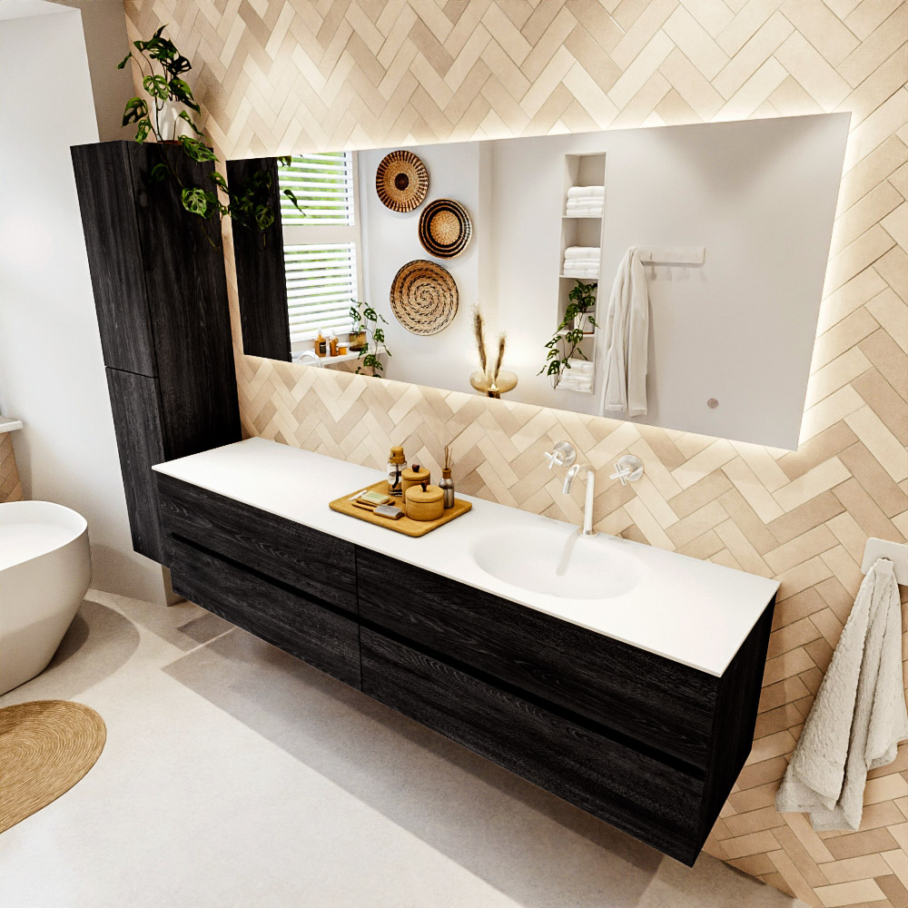 MONDIAZ VICA 200cm mueble de baño Antracite 4 cajones. Lavabo MOON Derecho 1 orificio color Talc con espejo LED. 1 MONDIAZ VICA 200cm mueble de baño Antracite 4 cajones. Lavabo MOON Derecho 1 orificio color Talc con espejo LED.
