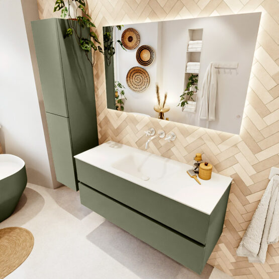 MONDIAZ VICA 120cm mueble de baño Army 2 cajones. Lavabo CLOUD Centro sin orificio color Talc con espejo LED.