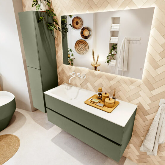 MONDIAZ VICA 120cm mueble de baño Army 2 cajones. Lavabo CLOUD Izquierda sin orificio color Talc con espejo LED.