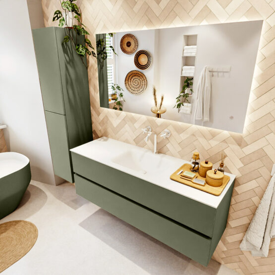 MONDIAZ VICA 140cm mueble de baño Army 2 cajones. Lavabo CLOUD Centro 1 orificio color Talc con espejo LED.