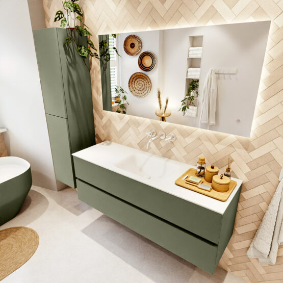 MONDIAZ VICA 140cm mueble de baño Army 2 cajones. Lavabo CLOUD Centro sin orificio color Talc con espejo LED.