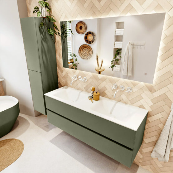 MONDIAZ VICA 140cm mueble de baño Army 2 cajones. Lavabo CLOUD Doble sin orificio color Talc con espejo LED.