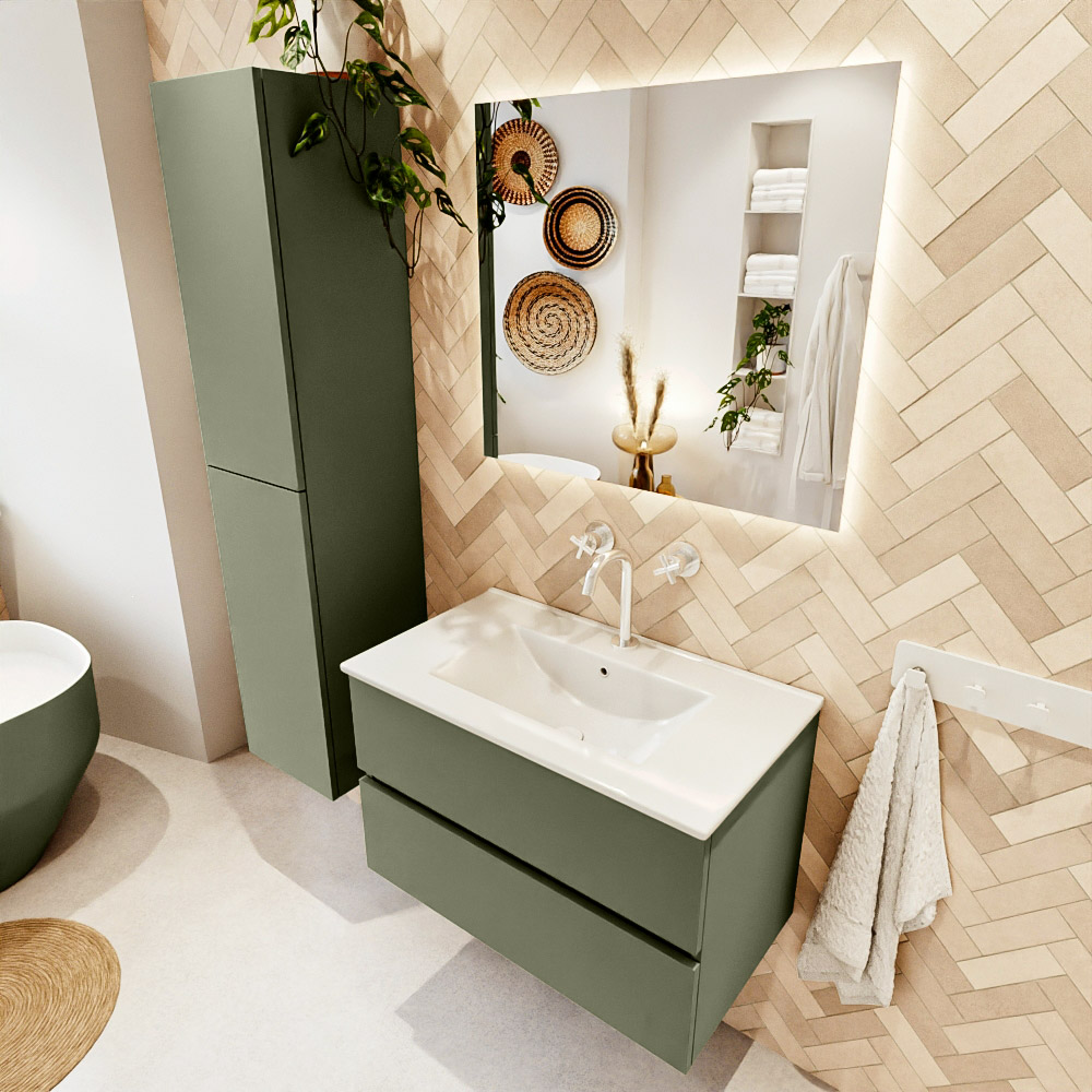 MONDIAZ VICA 80cm mueble de baño Army 2 cajones. Lavabo DENIA Centro 1 orificio, color Blanco brillo. 1 MONDIAZ VICA 80cm mueble de baño Army 2 cajones. Lavabo DENIA Centro 1 orificio