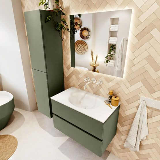 MONDIAZ VICA 80cm mueble de baño Army 2 cajones. Lavabo MOON Centro sin orificio color Talc con espejo LED.