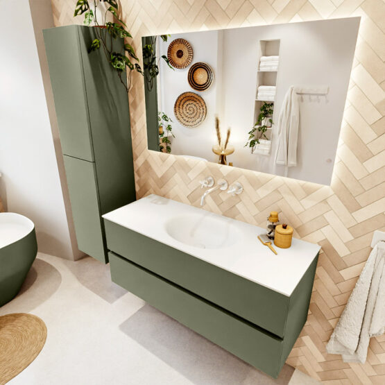 MONDIAZ VICA 120cm mueble de baño Army 2 cajones. Lavabo MOON Centro sin orificio color Talc con espejo LED.