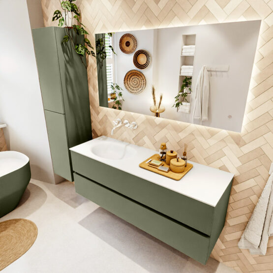 MONDIAZ VICA 140cm mueble de baño Army 2 cajones. Lavabo MOON Izquierda sin orificio color Talc con espejo LED.