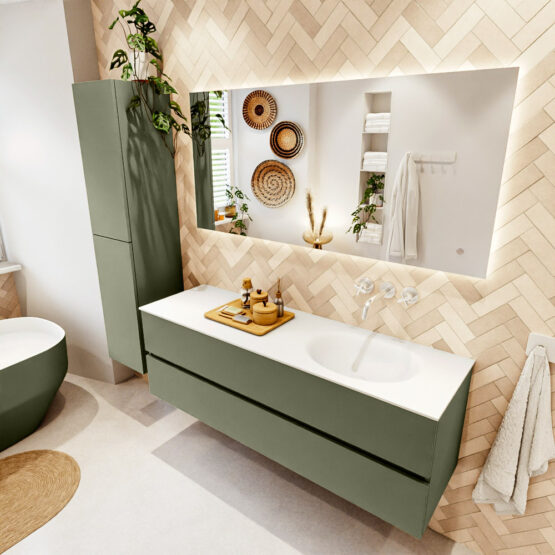 MONDIAZ VICA 150cm mueble de baño Army 2 cajones. Lavabo MOON Derecho sin orificio color Talc con espejo LED.