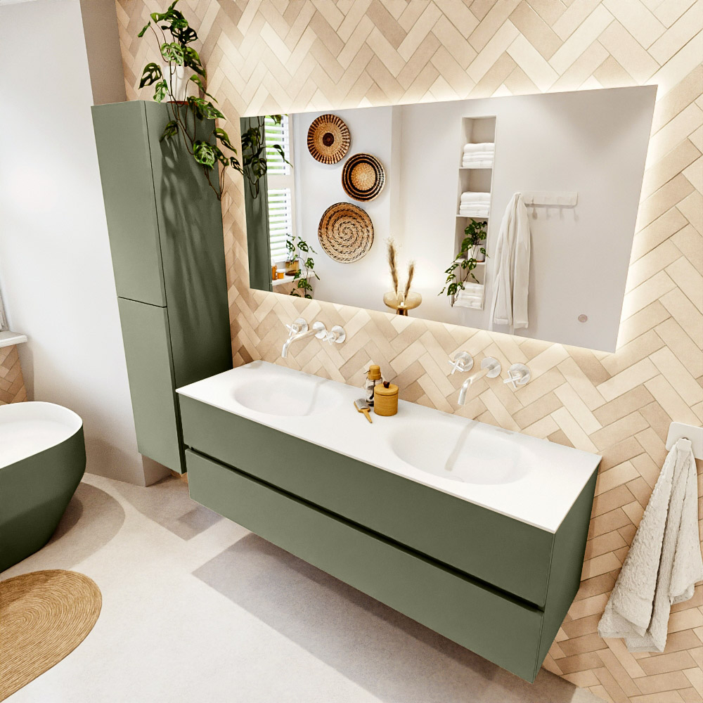 MONDIAZ VICA 150cm mueble de baño Army 2 cajones. Lavabo MOON Doble sin orificio color Talc con espejo LED. 1 MONDIAZ VICA 150cm mueble de baño Army 2 cajones. Lavabo MOON Doble sin orificio color Talc con espejo LED.
