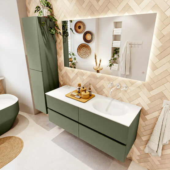 MONDIAZ VICA 130cm mueble de baño Army 4 cajones. Lavabo MOON Derecho sin orificio color Talc con espejo LED.