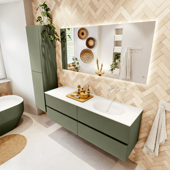 MONDIAZ VICA 150cm mueble de baño Army 4 cajones. Lavabo MOON Derecho sin orificio color Talc con espejo LED.