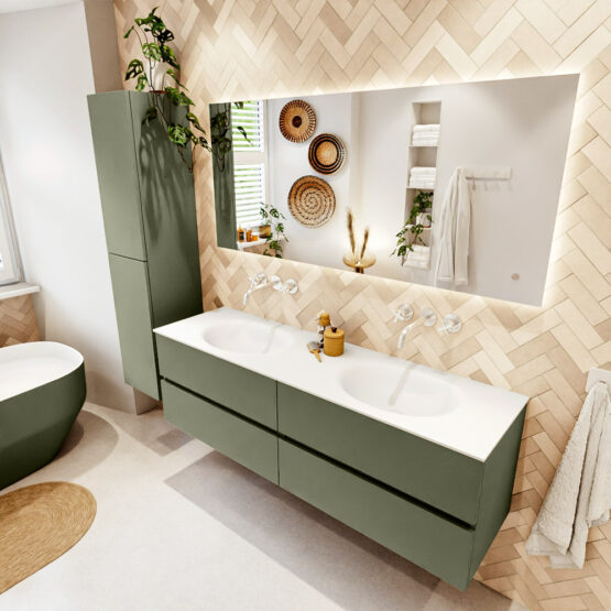 MONDIAZ VICA 160cm mueble de baño Army 4 cajones. Lavabo MOON Doble sin orificio color Talc con espejo LED.