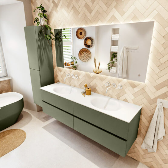 MONDIAZ VICA 170cm mueble de baño Army 4 cajones. Lavabo MOON Doble sin orificio color Talc con espejo LED.