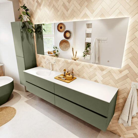 MONDIAZ VICA 200cm mueble de baño Army 4 cajones. Lavabo MOON Izquierda 1 orificio color Talc con espejo LED.